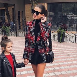 Zara Tweed Blazer Small Plaid Tartan Frayed Hem Oversized blazer Blogger fave